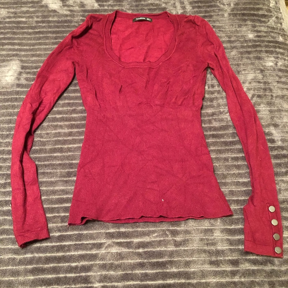 Red scoop neck sweater with button details